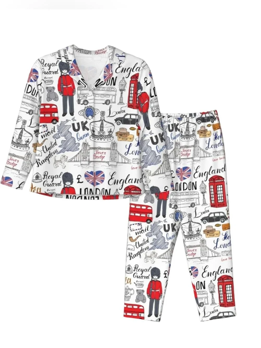 White Pajama Set London Icons Travel Vacation Resortwear Sleepwear Lounge